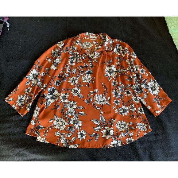 Floral Van Heusen Womens Blouse Orange & White 3/4 Sleeve Polyester Size Large - Picture 1 of 9